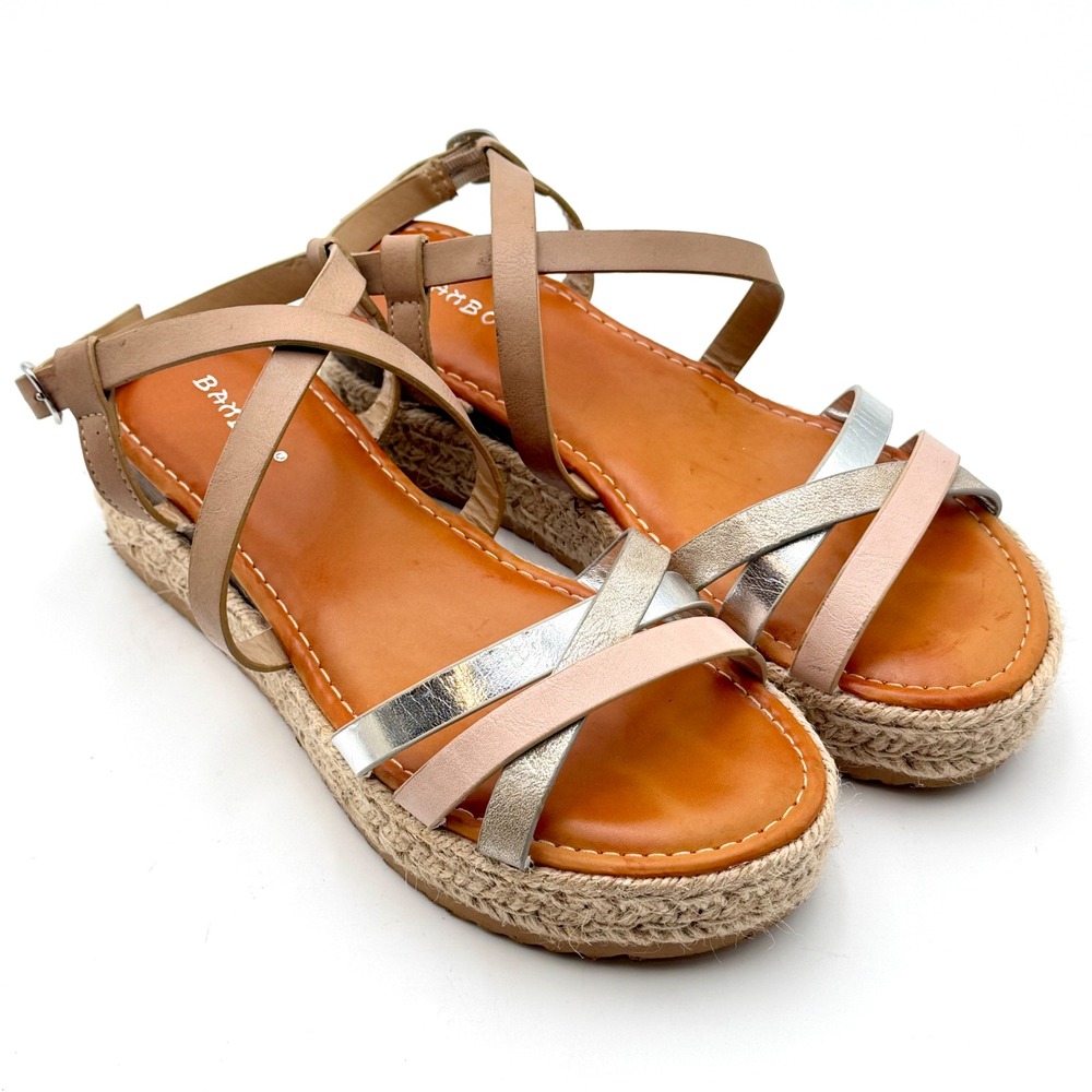 Bamboo Womens Metallic Multi Strap Espadrille Platform Wedge Sandals Size 8 38